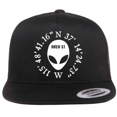 Area 51 Coordinates Ufo Alien Funny Flat Bill Trucker Hat