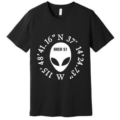 Area 51 Coordinates Ufo Alien Funny Premium T-Shirt