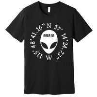 Area 51 Coordinates Ufo Alien Funny Premium T-Shirt