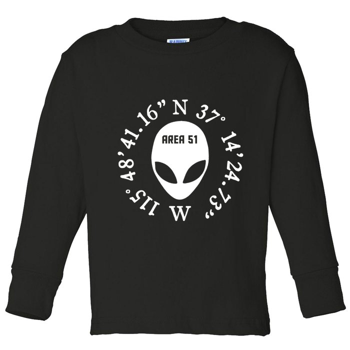 Area 51 Coordinates Ufo Alien Funny Toddler Long Sleeve Shirt