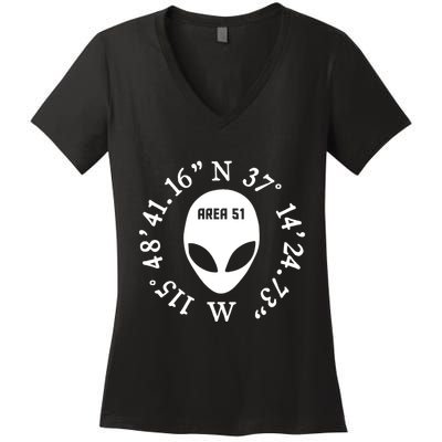 Area 51 Coordinates Ufo Alien Funny Women's V-Neck T-Shirt