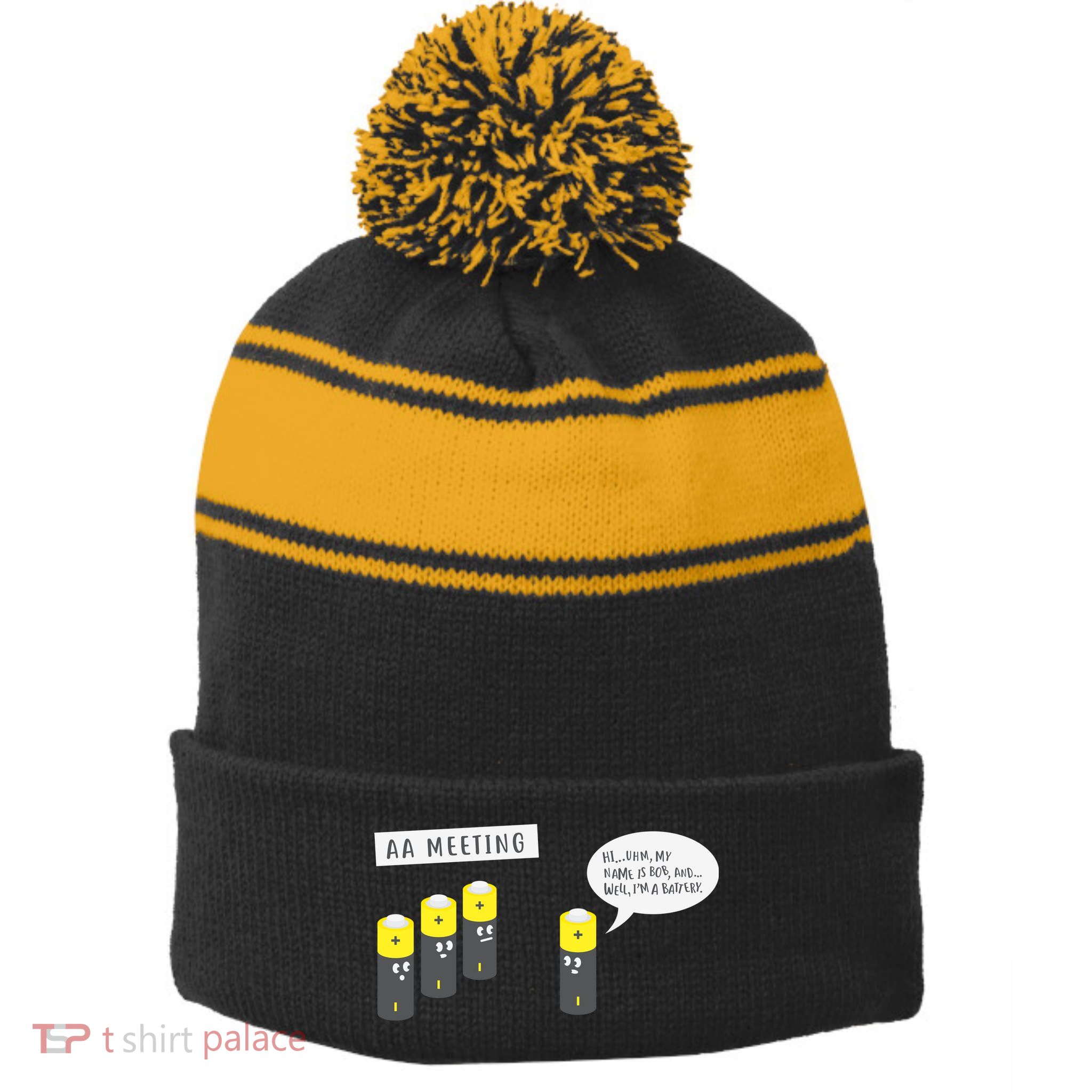AA Meeting Funny Alcohol Drinking Stripe Pom Pom Beanie