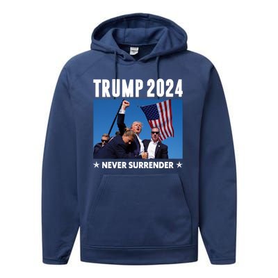 Assassination Attempt 2024 Never Surrender Trump Shot Performance Fleece Hoodie