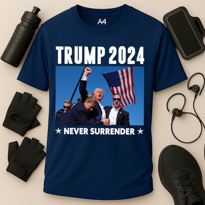 Assassination Attempt 2024 Never Surrender Trump Shot Cooling Performance Crew T-Shirt