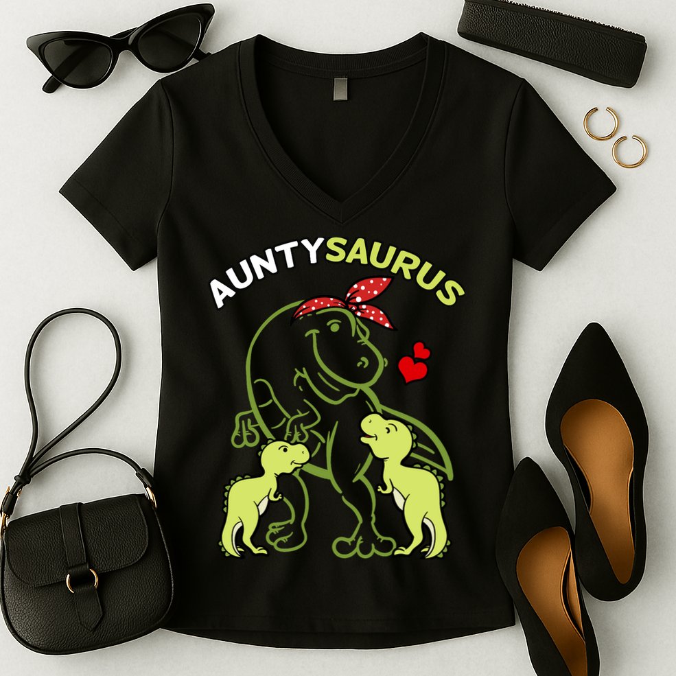 Auntysaurus Aunty 2 Dinosaur Aunt & Uncles Day Women's V-Neck T-Shirt