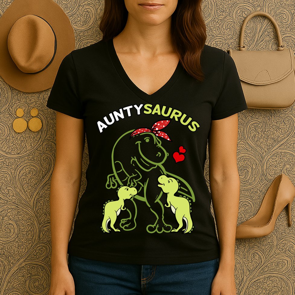 Auntysaurus Aunty 2 Dinosaur Aunt & Uncles Day Women's V-Neck T-Shirt