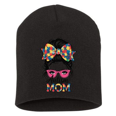 Autism Awareness 2025 Autism Mom Coquette Bow Puzzle Short Acrylic Beanie
