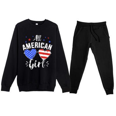 All american 4th of July girl with sunglasses and US flag Premium Crewneck Sweatsuit Set