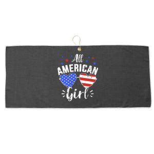 All american 4th of July girl with sunglasses and US flag Large Microfiber Waffle Golf Towel