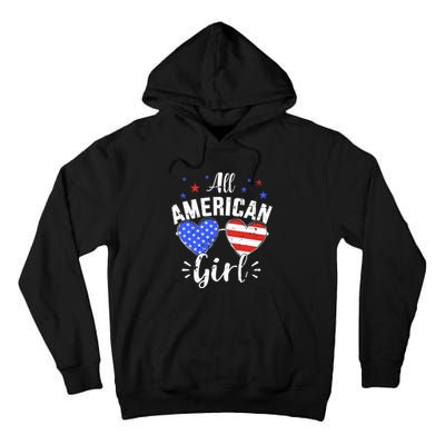 All american 4th of July girl with sunglasses and US flag Tall Hoodie