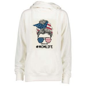 All American 4th Of July Meaningful Gift Mom Messy Bun Usa Gift Womens Funnel Neck Pullover Hood