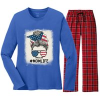 All American 4th Of July Meaningful Gift Mom Messy Bun Usa Gift Women's Long Sleeve Flannel Pajama Set 