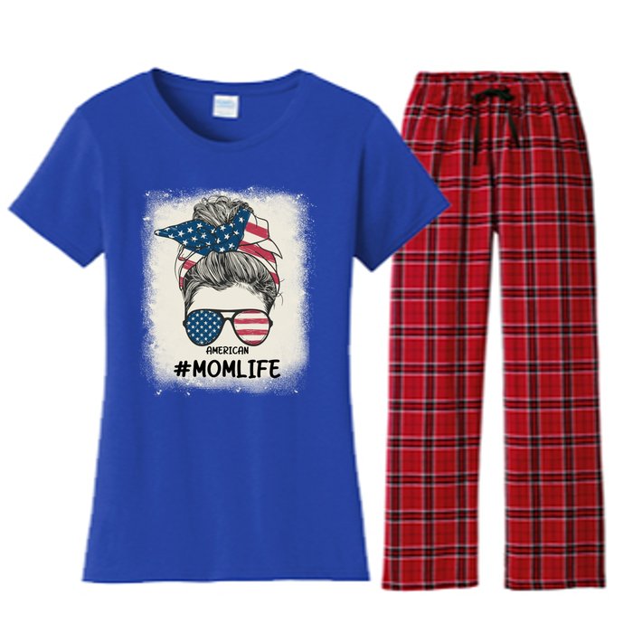 All American 4th Of July Meaningful Gift Mom Messy Bun Usa Gift Women's Flannel Pajama Set