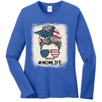 All American 4th Of July Meaningful Gift Mom Messy Bun Usa Gift Ladies Long Sleeve Shirt