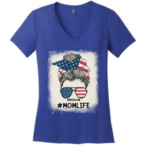 All American 4th Of July Meaningful Gift Mom Messy Bun Usa Gift Women's V-Neck T-Shirt