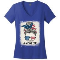 All American 4th Of July Meaningful Gift Mom Messy Bun Usa Gift Women's V-Neck T-Shirt