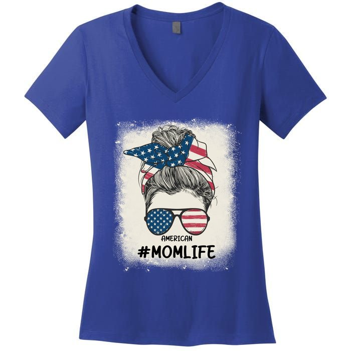 All American 4th Of July Meaningful Gift Mom Messy Bun Usa Gift Women's V-Neck T-Shirt