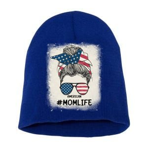 All American 4th Of July Meaningful Gift Mom Messy Bun Usa Gift Short Acrylic Beanie