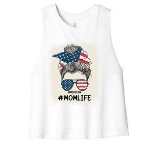 All American 4th Of July Meaningful Gift Mom Messy Bun Usa Gift Women's Racerback Cropped Tank