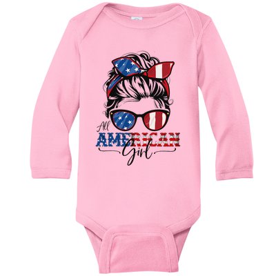 All American 4th Of July Women Messy Bun USA Flag Baby Long Sleeve Bodysuit