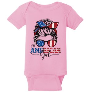 All American 4th Of July Women Messy Bun USA Flag Baby Bodysuit