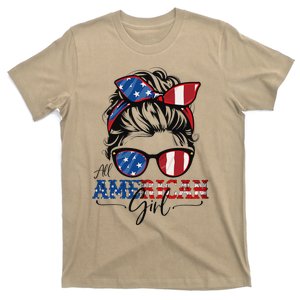 All American 4th Of July Women Messy Bun USA Flag T-Shirt