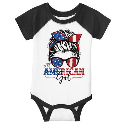 All American 4th Of July Women Messy Bun USA Flag Infant Baby Jersey Bodysuit