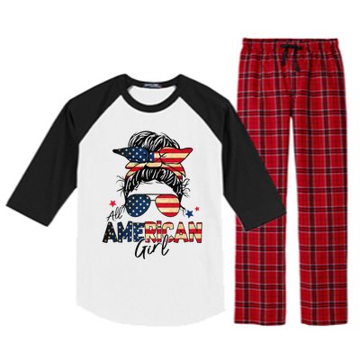 All American 4th Of July  Messy Bun USA Flag Raglan Sleeve Pajama Set