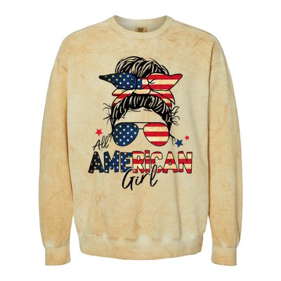 All American 4th Of July  Messy Bun USA Flag Colorblast Crewneck Sweatshirt