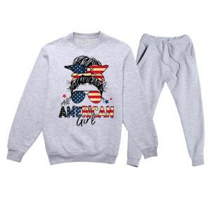 All American 4th Of July  Messy Bun USA Flag Premium Crewneck Sweatsuit Set