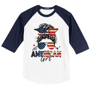 All American 4th Of July  Messy Bun USA Flag Baseball Sleeve Shirt