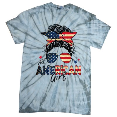 All American 4th Of July  Messy Bun USA Flag Tie-Dye T-Shirt