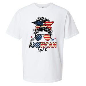 All American 4th Of July  Messy Bun USA Flag Sueded Cloud Jersey T-Shirt