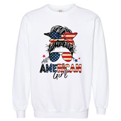 All American 4th Of July  Messy Bun USA Flag Garment-Dyed Sweatshirt