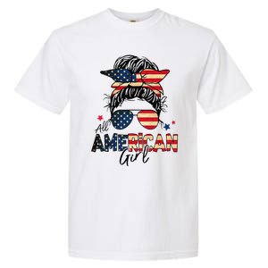 All American 4th Of July  Messy Bun USA Flag Garment-Dyed Heavyweight T-Shirt