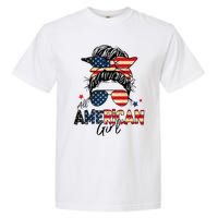 All American 4th Of July  Messy Bun USA Flag Garment-Dyed Heavyweight T-Shirt