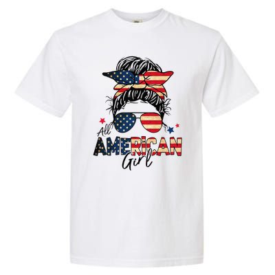 All American 4th Of July  Messy Bun USA Flag Garment-Dyed Heavyweight T-Shirt