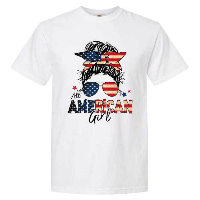 All American 4th Of July  Messy Bun USA Flag Garment-Dyed Heavyweight T-Shirt