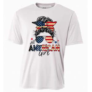 All American 4th Of July  Messy Bun USA Flag Cooling Performance Crew T-Shirt