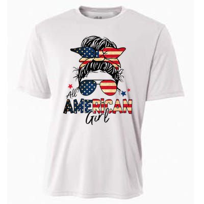 All American 4th Of July  Messy Bun USA Flag Cooling Performance Crew T-Shirt