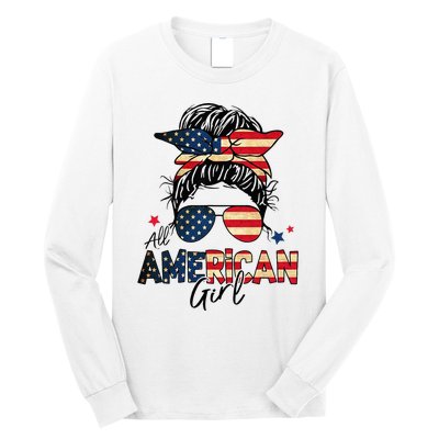 All American 4th Of July  Messy Bun USA Flag Long Sleeve Shirt