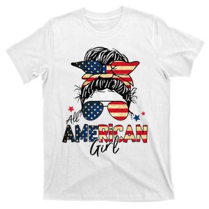 All American 4th Of July  Messy Bun USA Flag T-Shirt