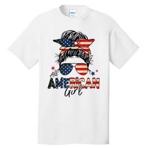 All American 4th Of July  Messy Bun USA Flag Tall T-Shirt