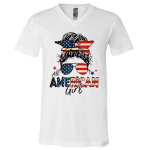 All American 4th Of July  Messy Bun USA Flag V-Neck T-Shirt