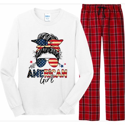 All American 4th Of July  Messy Bun USA Flag Long Sleeve Pajama Set