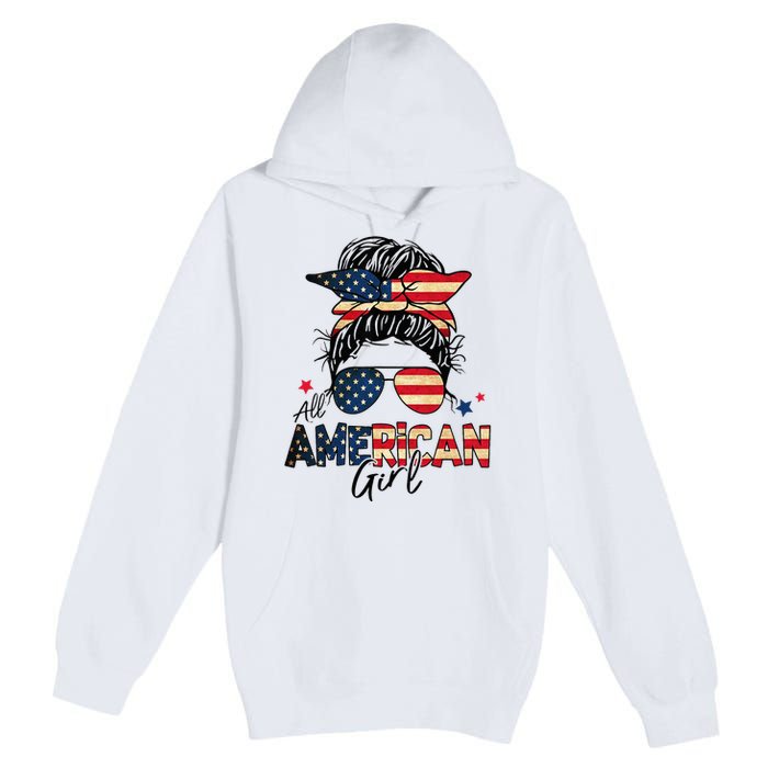 All American 4th Of July  Messy Bun USA Flag Premium Pullover Hoodie