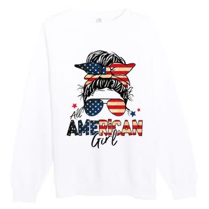 All American 4th Of July  Messy Bun USA Flag Premium Crewneck Sweatshirt