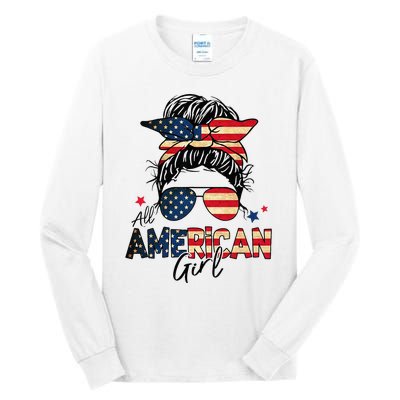 All American 4th Of July  Messy Bun USA Flag Tall Long Sleeve T-Shirt