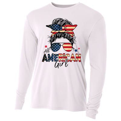 All American 4th Of July  Messy Bun USA Flag Cooling Performance Long Sleeve Crew