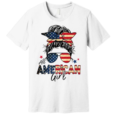 All American 4th Of July  Messy Bun USA Flag Premium T-Shirt